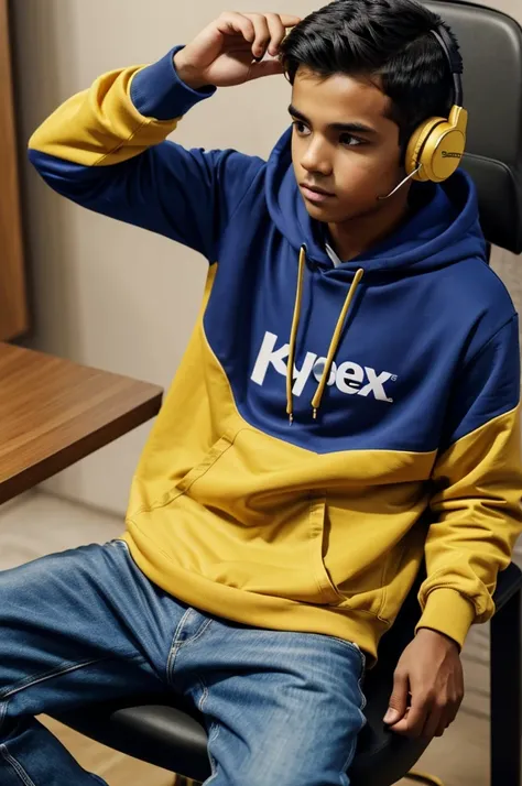 A boy is sitting wearing a golden color hoodie.  He has an iPhone in his hand and headphones in his ear, a Rolex watch in his hand.  Unstable cutting of hair.  The boy is sitting on a chair.  Behind the boy is the Facebook logo in "blue and white".  The na...