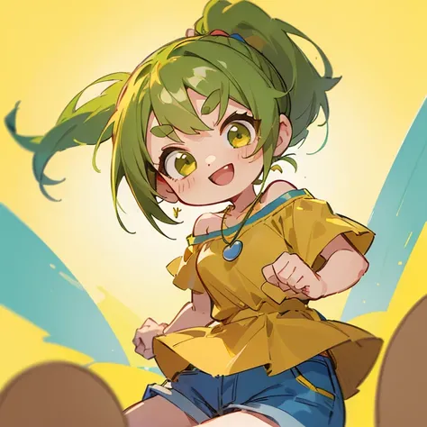 (masterpiece, Highest quality:1.2), (2 head body chibi character:1.1), Yellow-green hair, Ponytail Hair, Top of the head, Yellow-green eyes, Wink, Yellow off-shoulder blouse, Denim shorts, Short bangs, Thick eyebrows, Round necklace, A lively atmosphere, s...