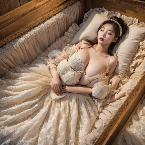 a provocative and sensual image unfolds before us. a korean girl, 22 years old, lie asleep in a deep, wooden black coffin surrou...