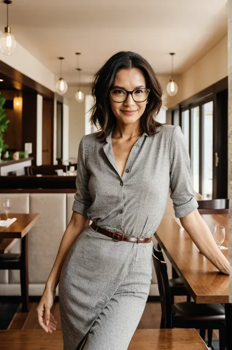 a woman with glasses is posing for a picture, a stock photo, shutterstock, elegant interior, woman in business suit, standing in...