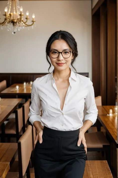 a woman with glasses is posing for a picture, a stock photo, shutterstock, elegant interior, woman in business suit, standing in a restaurant, portrait symetrical