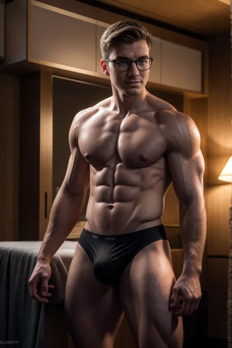 1boy, (Blue Eyes), happy smile,American boy,18 years old,Wear glasses,man hot nerd,young, thick body, slender, sport body build, child-like,full body photo ,Guitarist, a guitarist playing an electric guitar, detailed, 8k, cinematic lighting, dramatic pose,...