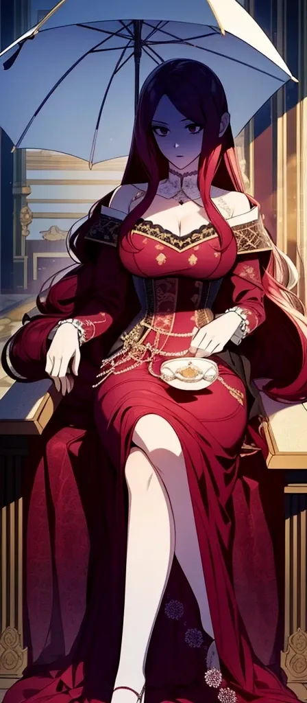 ((long hair spread out)), aristocratic woman, nobility dress, princess.Sitting on a chair with a table with a large umbrella while drinking tea,