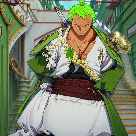 A green-haired swordsman wearing a loincloth。