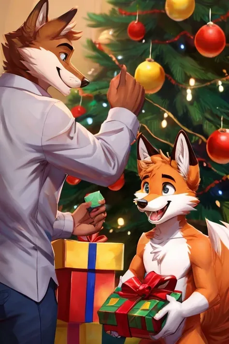 A furry fox father has a present for their furry fox son. The furry son is excited