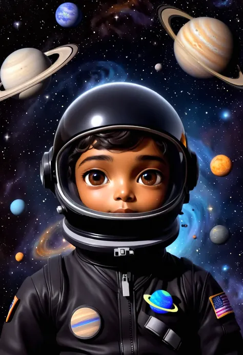 "a young human man, light brown skin, with a third eye in the middle of the forehead, dressed in a black astronaut suit and helm...