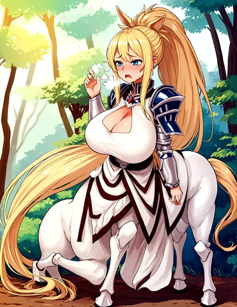 Anime Centaur.1 girl. Cute girl. Centaur girl, Half-human. Monster girl. Centaur. The girl is a horse. Blonde. Long hair. Hair ornament. Her hair is pulled back into a high ponytail. Blue eyes. Beautiful eyes. Perfect eyes. Expressive eyes. Ideal face. Fac...