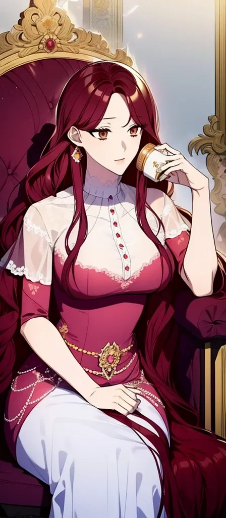 ((long hair spread out)), aristocratic woman, nobility dress, princess.Sitting on a chair while drinking tea,