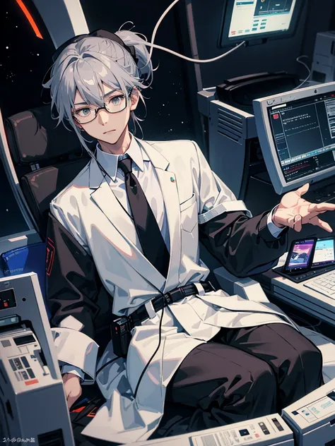 （Mastepiece）（High definition）Japanese male android in his 20s、Gray Hair、ponytail、hat、Tuxedo、tie、Wearing round rimless glasses、Sitting、It is connected to the machine by multiple cables.（charging）、background（A science fiction-like electronic world、A space th...