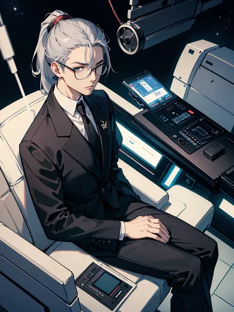 （Mastepiece）（High definition）Japanese male android in his 20s、Gray Hair、ponytail、hat、Tuxedo、tie、Wearing round rimless glasses、Sitting、It is connected to the machine by multiple cables.（charging）、background（A science fiction-like electronic world、A space th...