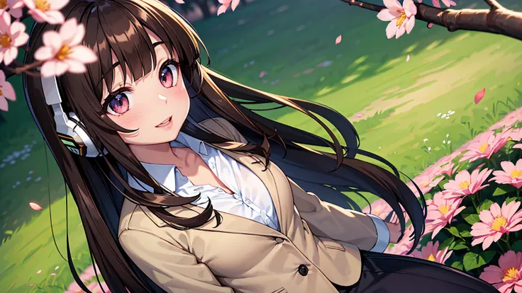 masterpiece、high resolution 8k、NSFW、sharp focus、contrast lighting、fine skin、muste piece、 highest quality、Ultra - High resolution、Super high resolution、Highly detailed CG、A young girl , wearing headphones, is standing among a field of pink flowers. The head...