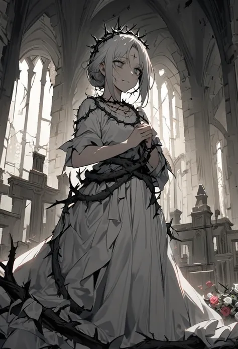 A pale-skinned white-haired girl with gray tones wearing a crown of thorns, from which small drops of blood fall, running across her forehead. Her eyes are completely dark, with an empty expression and a weak smile on her face. She wears a short white dres...