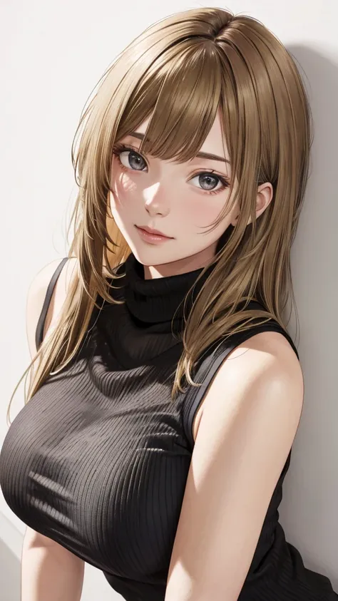 (best quality, highres), portrait, upper body, cool type adult woman, long hair, swept-side bangs, [[[brown hair]]], blonde hair, brown eyes, turtle neck tank top, big breast, plain wall, ultra detailed cg,
 