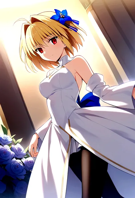 the woman is dressed in a white gown with flowers on the side of her head, 1girl, arcueid brunestud, solo, hair ornament, blonde hair, flower, red eyes, short hair, hair flower, pantyhose, dress, white dress, black pantyhose, looking at viewer, bare should...