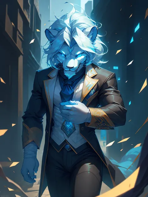 male, furry, Lion anthro, solo, white fur, blue eyes, (Realistic eye details 1.2), business suit wear, V0id3nergy, abs, Masterpiece, dramatic lighting, soft lighting, day, highly detail, Hair coiled