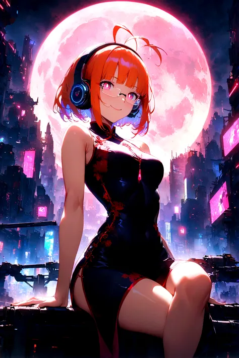 (extremely detailed fine touch:1.3), solo, (((semi-rimless eyewear:1.3))), (headphone:1.2), short hair, blunt bangs,bare arms,1 girl, Chinese_clothes, metallic black titanium and pink, cyberhan, cheongsam, cyberpunk city, dynamic pose, detailed luminescent...