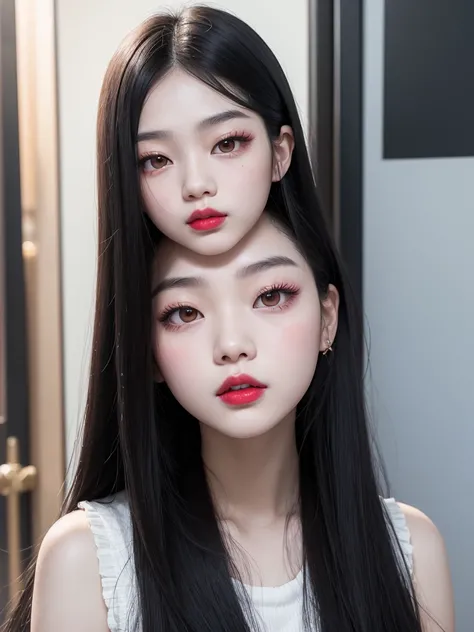 there is a woman with long black hair and a red lipstick, blackpink jennie, ulzzang, pale round face, Jaeyeon nam, asian face, young cute wan aslan face, korean girl, heonhwa choe, with r ound face, headshot profile picture, 8k selfie photograph, faint red...