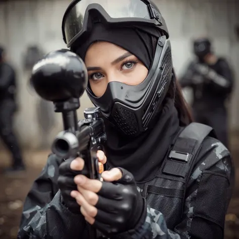 close up image, a woman wearing a black paintball uniform, wearing a goggles, wearing black helmet, holding a marker paintball , the woman is shooting at his enemies in the paintball arena, the blurry background shows the atmosphere of a paintball arena in...