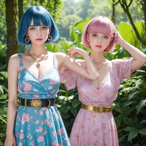 a girl with blue bob haircut and pink bangs, large expressive blue eyes, wearing a pink floral dress with gold belt and blue gemstone, teardrop earrings and necklace with blue gemstone, set in a lush green forest, colorful and whimsical animated style