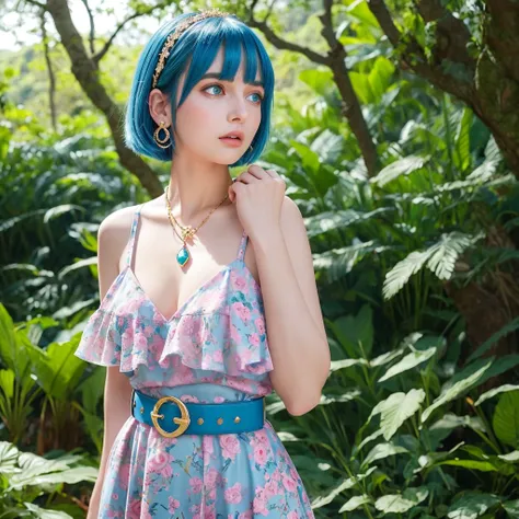 a girl with blue bob haircut and pink bangs, large expressive blue eyes, wearing a pink floral dress with gold belt and blue gemstone, teardrop earrings and necklace with blue gemstone, set in a lush green forest, colorful and whimsical animated style