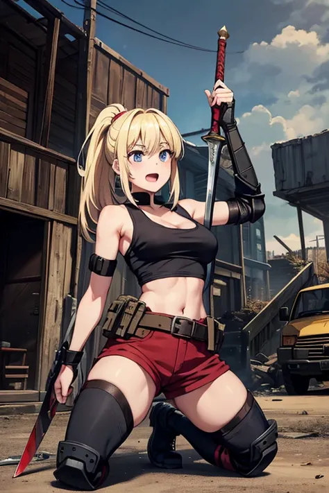 Anime Art、Full body portrait、Warriors of Post-apocalyptic fiction、A wilderness surrounded by ruins、A dark-skinned woman, about 27 years old, about 165 cm tall, wearing a red tank top, black shorts, elbow protectors, knee protectors, and chest protectors, w...