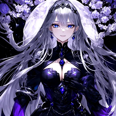 Guy, beautiful facial features, smile, squinted siren dark blue eyes without glare, silver and dark purple long loose hair with straight bang, fantasy black clothes with blue and purple elements, long black gloves, model, gorgeous, elegant, lots of silver ...