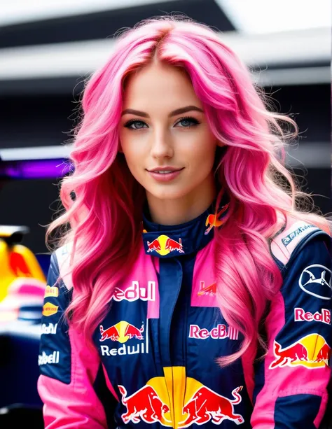 very attractive 25 year old girl with long wavy bright pink hair, Blonde Formula 1 driver in Redbull racing suit that looks similar