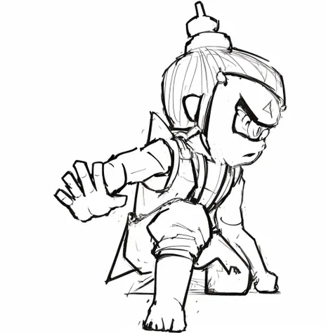 a drawing of a cartoon character with a hat and a backpack, fight pose, attack pose, fighting pose, fighting stance, intimidating pose, combat pose, badass pose, fighter pose, in a fighting stance, battle pose, combat stance, intense line art, pudica pose ...