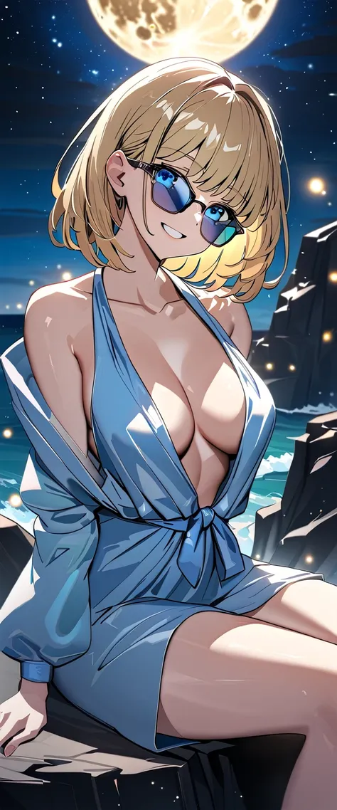 ((grin)), ((plunging neckline dress:1.3)), ((sundress)), ((off shoulders, Quite thick shoulder straps)), ((blond hair, bob cut:1.3)), ((sunglasses, hand to sunglasses)), (((from side))), ((((upper body)))), bare legs, (((A night sky stretching under a full...