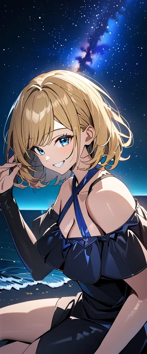 ((grin)), ((off-shoulder dress:1.3, criss-cross halter)), ((sundress)), ((cleavage)), ((blond hair, bob cut:1.3)), ((sunglasses, hand to sunglasses)), (((from side))), ((((upper body)))), bare legs, (()), (((a beautiful starry sky, the Milky Way shining be...