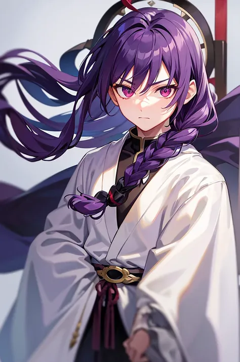 purple hair、red eyes、white background、anime characters、knot、braid、a man wearing a black robe、a young man with a determined look、...