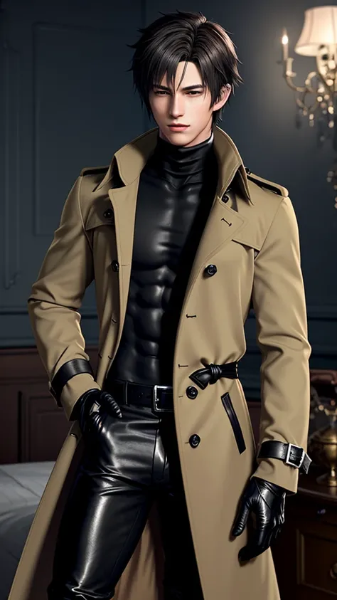 Final fantasy taste and reality graphics, Japanese young cute and cool ikemen  boy, his age is early 20s, thin eyebrows and beady eyes,  he wearing light brown color thick trench coat with waist belt, with epaulet, close the front of the coat,, collar fur ...