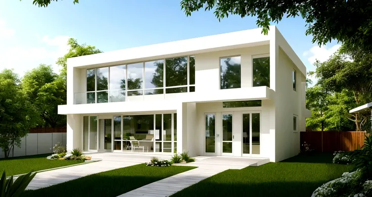 A modern single-story house with white and cream tones, bathed in pristine natural light, featuring expansive glass windows and doors, surrounded by lush greenery and flowers. Hyper-realistic, ultra high quality. --v 5 --ar 16:9 --s 1000