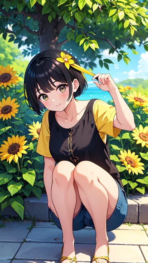 ((Highest quality)), ((masterpiece)), (detailed), 
A beautiful girl with short black hair wearing a short-sleeved summer shirt and summer pants in the style of the Yellow Revolution、refreshing、fine、bright、smart、Vision、
