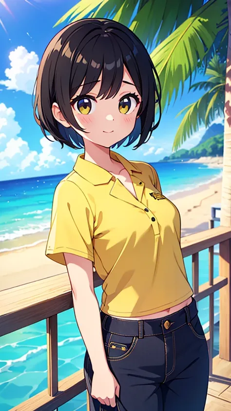 ((Highest quality)), ((masterpiece)), (detailed), 
A beautiful girl with short black hair wearing a short-sleeved summer shirt and summer pants in the style of the Yellow Revolution、refreshing、fine、bright、smart、Vision、
