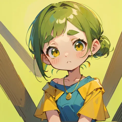 (masterpiece, Highest quality:1.2), (2 head body chibi character:1.1), Yellow-green hair, Chignon Hair, Top of the head, Yellow-green eyes, Half-open eyes, Yellow off-shoulder blouse, Denim shorts, Short bangs, Thick eyebrows, Round necklace, A gentle atmo...