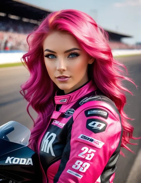 very attractive 25 year old girl with long wavy bright pink hair, beautiful, 25 year old, American woman, motorcycle racing outfit, Daredevils, realistic, 8k, koda photo, photo realistic, slim body, fit,