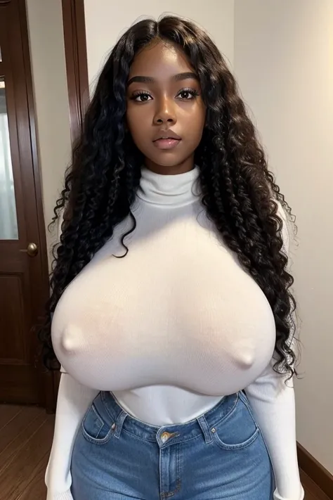 Masterpiece, Best Quality, 1 girl, alone, beautiful African and Asian mix 15 years old, dark skinned woman, dark hair, long, frizzy, curly hair, Perfect face, cabello long, very large busts, (huge breasts: 1.4) sexy full body (perfect body dressed in an el...