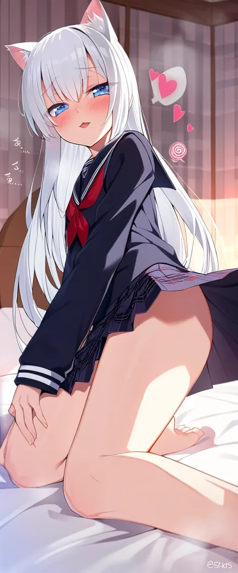 one girl, black sailor uniform, plaid skirt, long sleeve, naive, cat ears, thirteen years old, long hair, light blue eyes, white hair, aphrodisiac, heart mark, hypnosis, on bed, wariza, estrus, pure, sexy face, pure