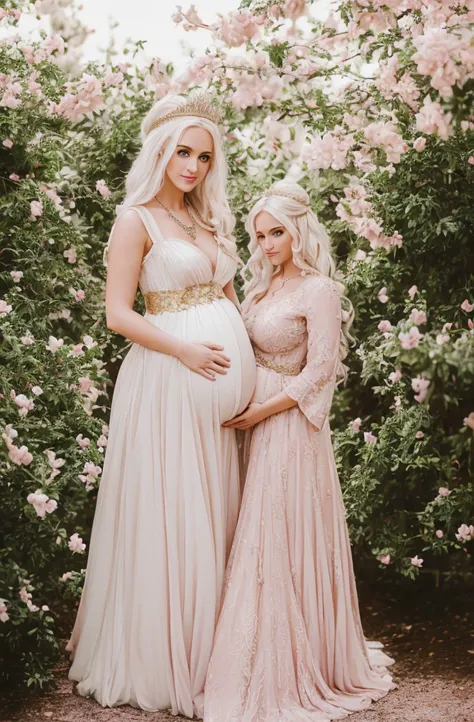 White Blonde hair, fluffy hair, stylish hair, long hair, lilac eyes, perfect eyes, beautiful, perfect face, tween, , short, kind, curvy, a flowing pale airy gown with ruffles along the bottom with tiny pink flowers and gold dragon embroideries with flowers...