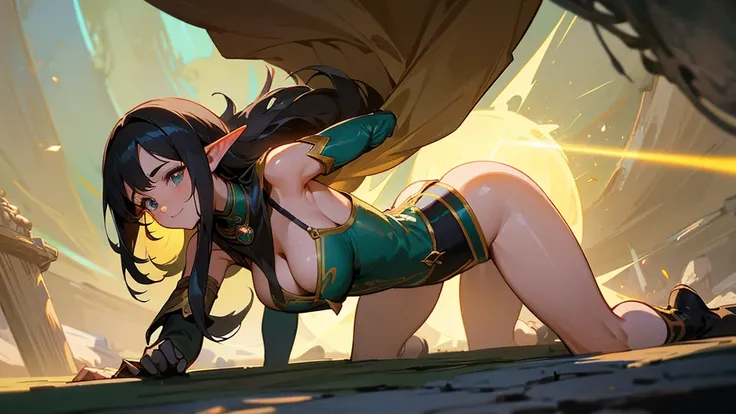 Anime Style,Nostalgic,Detailed background,The medieval world,A lively space with many people々A cave that looks like a power supply,A beautiful elf bard with black hair and a smile,Large Breasts,Healthy thighs,Underarm,On all fours