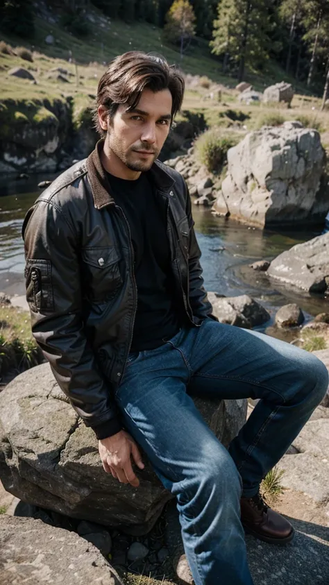 Man 30 years old sitting on rock, on top hills, black pilot jacket, brown jeans, 