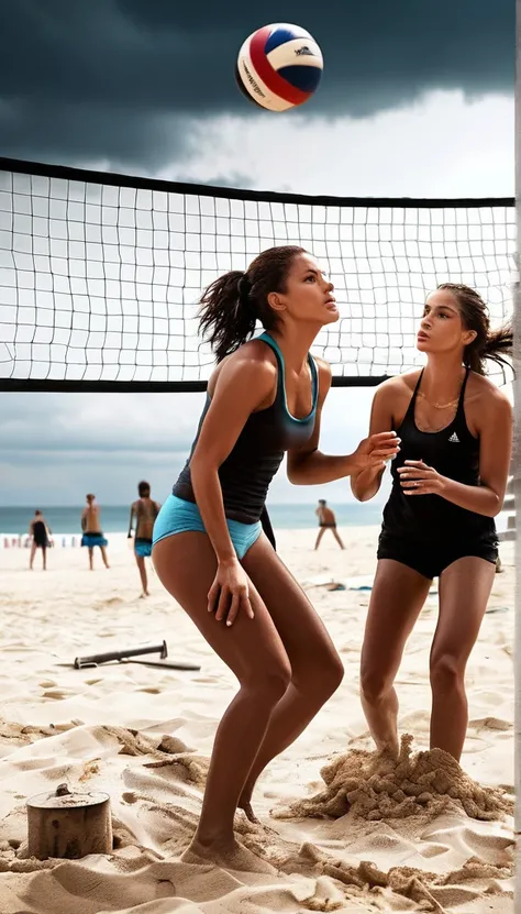 a post-apocalyptic beach, two young women playing a deadly game of beach volleyball, intense life and death match, dramatic atmosphere, dark and gritty environment, overcast sky, ruined beach buildings in the background, sand and debris covering the ground...