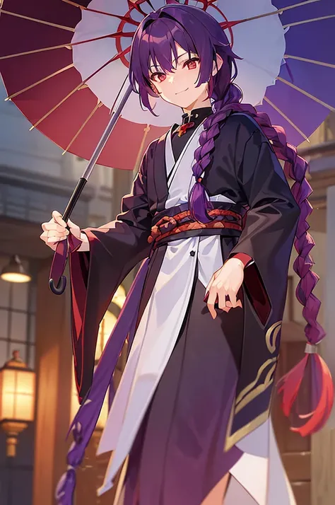 (((Purple Hair、Dye the inside of your hair red、Long Hair、Knot、Braid、Bright red eyes)))A man wearing a black robe、Smiling young man、Man standing facing forward、（（Closed Japanese umbrella、Red Japanese umbrella）Boy standing with a）、（White background）、{{master...