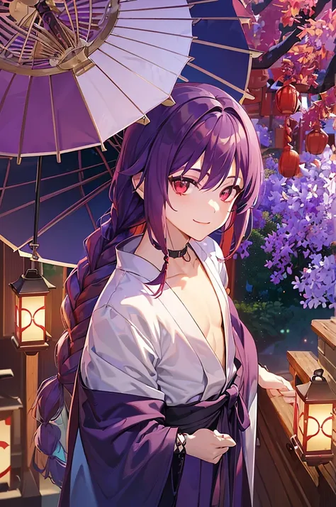 (((Purple Hair、Dye the inside of your hair red、Long Hair、Knot、Braid、Bright red eyes)))A man wearing a black robe、Smiling young man、Man standing facing forward、（（Closed Japanese umbrella、Red Japanese umbrella）Boy standing with a）、（White background）、{{master...