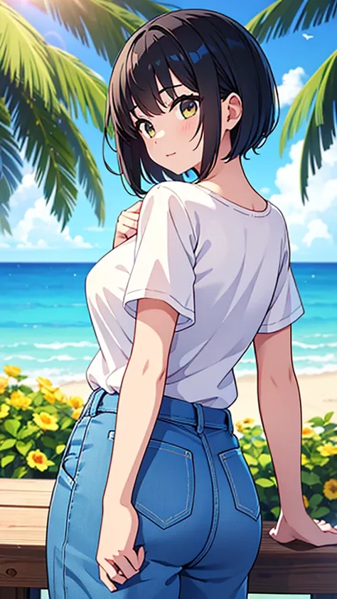 ((highest quality)), ((masterpiece)), (detailed), 
a beautiful girl with short black hair wearing a short-sleeved summer shirt a...