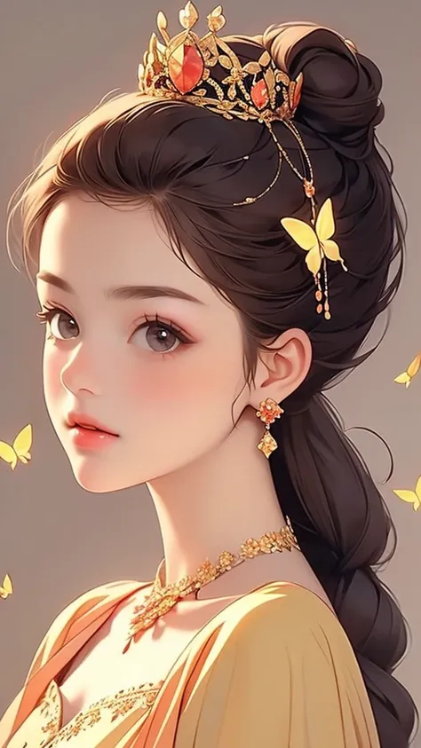 a pretty but beautiful woman wearing gold costume adorned with crown and butterflies, 1girl, jewelry, bug, solo, butterfly, brow...