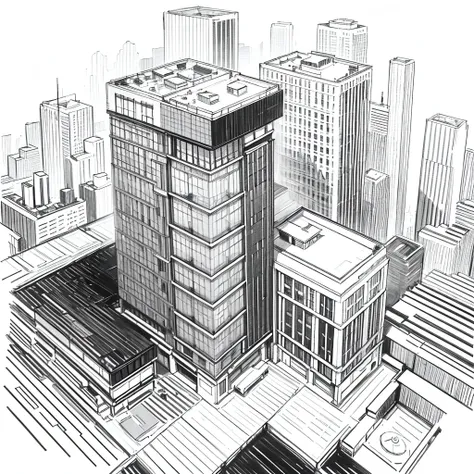 black and white line art of multiple city blocks with roads and wide sidewalks, short buildings, minimal detail, cartoon style, asymmetrical, birdseye view

