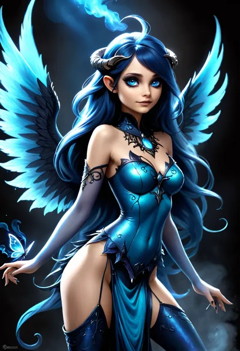 a beautiful ethereal cute dak fairy, gothic aethestics, smoke effects, dark long hairr, deep blue fairy wings, reptilian skin, c...