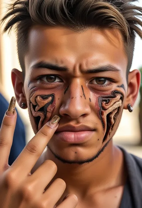 naughty man, 20 years old, left half of the face burned, middle fingers with large, curved nails.